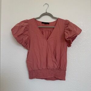 Marc New York Coral Pink Puff Sleeve Faux Wrap Top